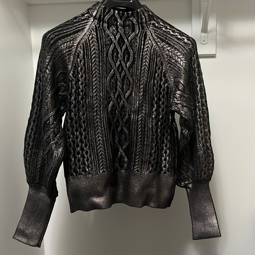 Express metallic foil mock neck sweater